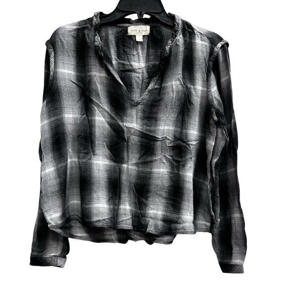 Cloth & Stone Tops - CLOTH & STONE gray black silver whimsy ruffle neck flannel sz S
